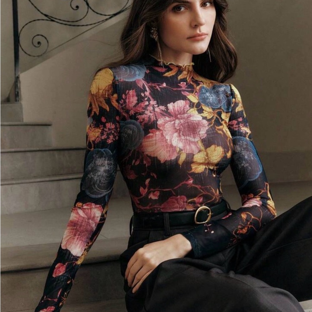 SHEIN Elegant Floral Mesh Long Sleeve Blouse